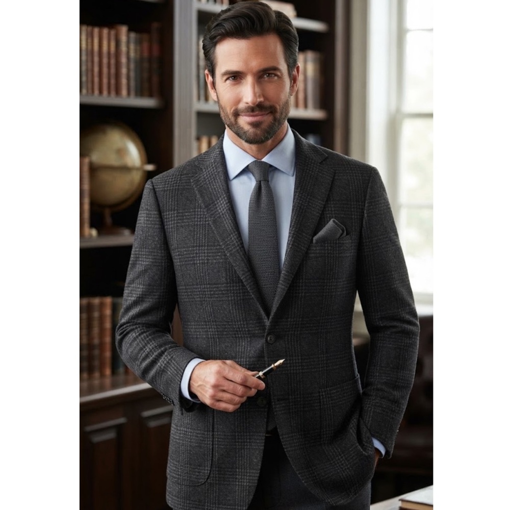 Cricketer 100% Cashmere Men’s Blazer Charcoal Grey Plaid 40 Regular